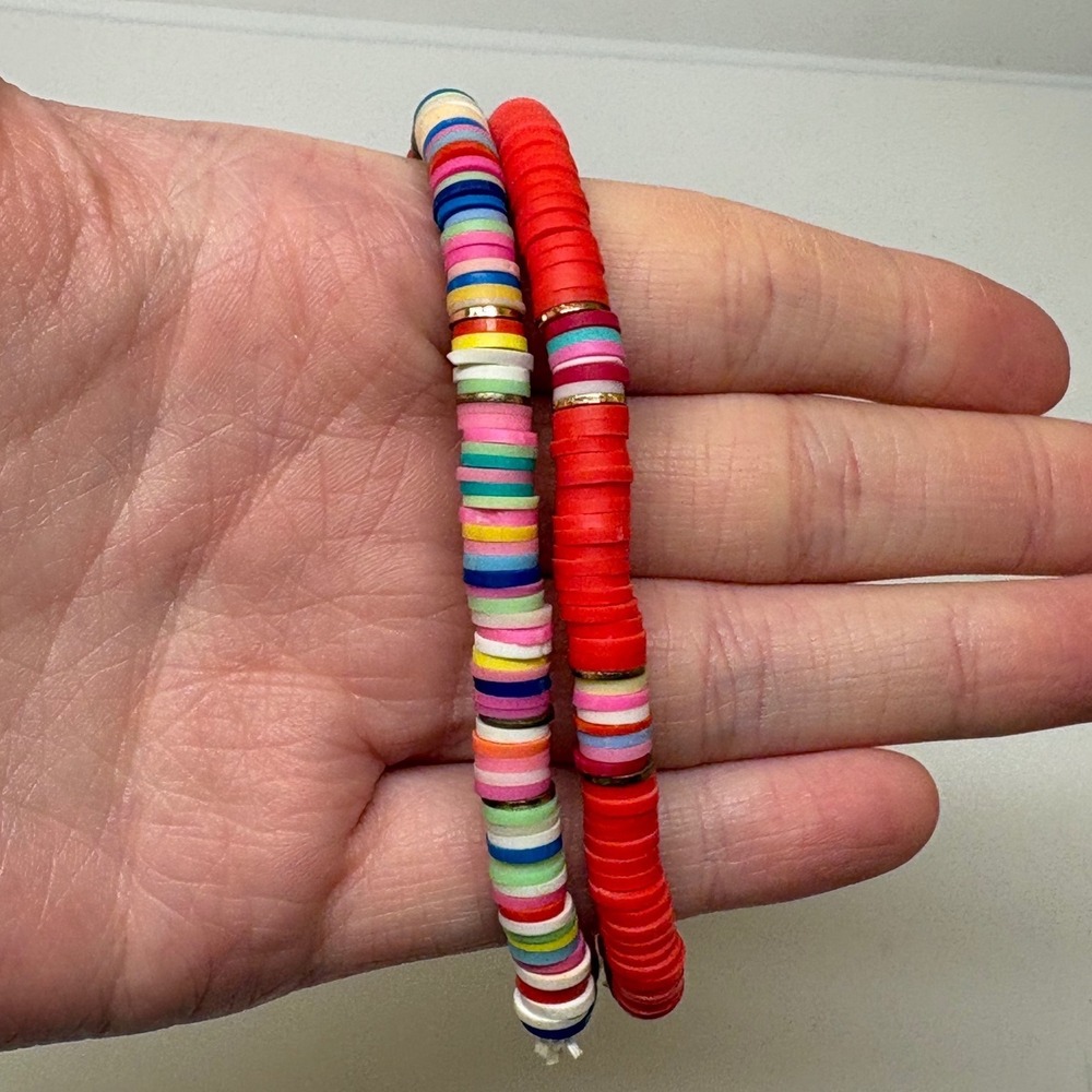 Handmade Red and Multi Color Polymer Clay Heishi Stretch Bracelet Set 2pc
